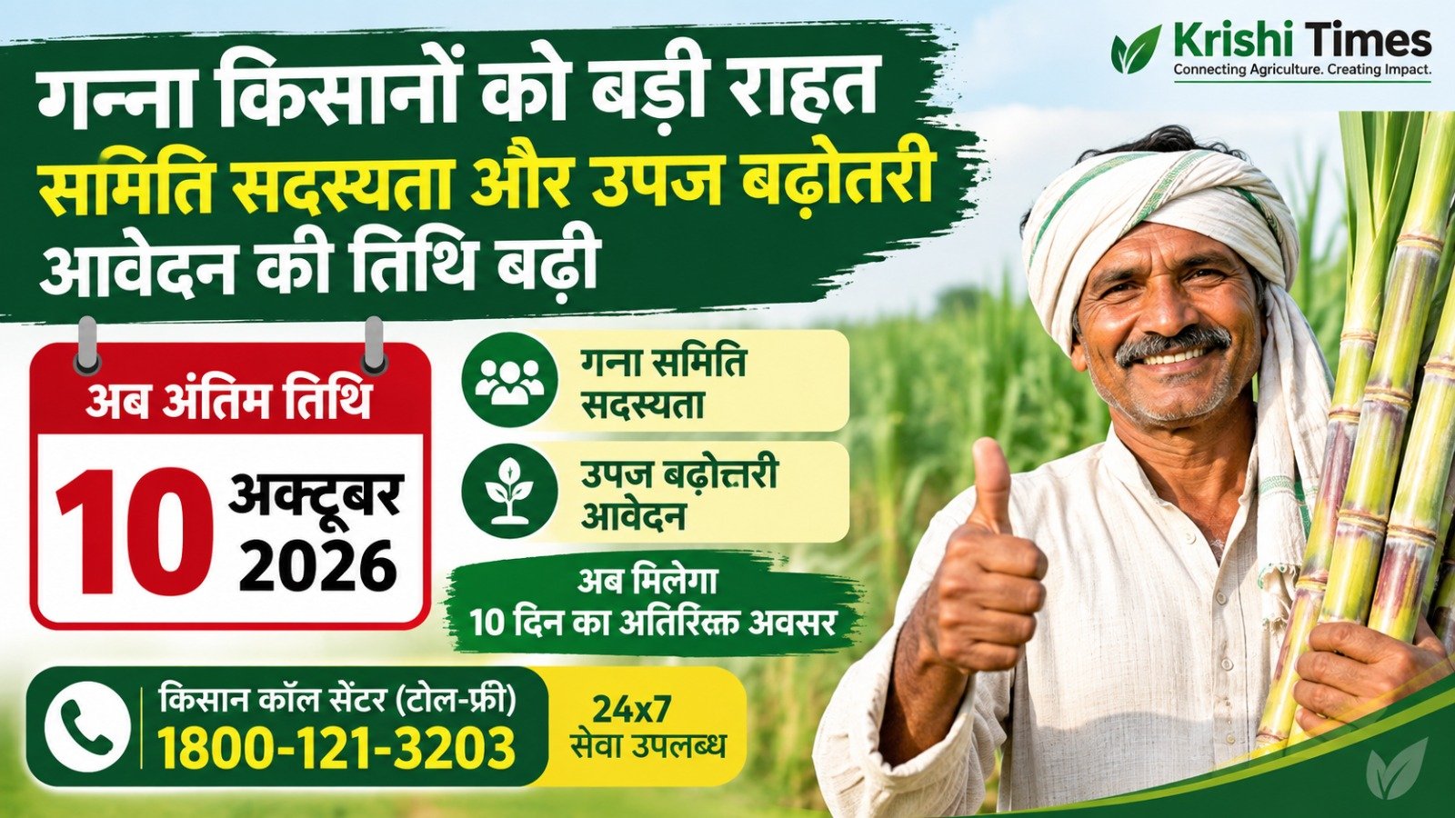 गन्ना किसानों को 10 दिन की अतिरिक्त राहत!